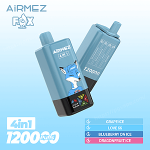 Two light-blue Airmez Fox 4-in-1 disposable vape devices with a fox mascot illustration and '12000 puffs' labeling, shown floating on a pale blue gradient background alongside a flavor list: Grape Ice, Love 66, Blueberry on Ice and Dragonfruit Ice.