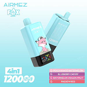 Two light teal AiRMEZ Fox 4-in-1 disposable vape devices—one showing a pink fox cartoon and the other showing product specs—floating on a pale turquoise background with '4in1' and '1200 puffs' branding and a nearby list of four flavors: Peach Mango Watermelon, Blueberry Cherry, Watermelon Dragon Fruit, and Passion Kiss.