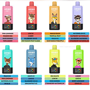 Grid of twelve colorful AirMez disposable vape devices in pastel hues, each printed with a stylized anthropomorphic fox character and paired with stacked labels beneath showing various fruit and ice flavor names (e.g., strawberry raspberry, mango peach, blueberry ice).