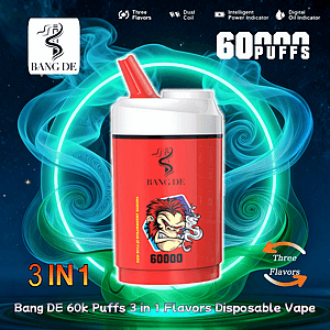 Red cylindrical Bang DE disposable vape with a white top and angled red mouthpiece labeled 60000 puffs, centered on a glowing teal and navy swirling background with promotional text 3 IN 1 and Three Flavors