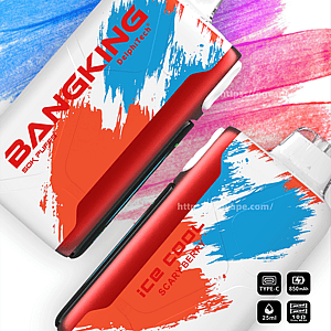 Poster pubblicitario per il vaporizzatore usa e getta BangKing Ice Cool che mostra due dispositivi disegnati con una pennellata rossa e blu angolati in diagonale, etichettati con sbuffi da 60.000 e 5 livelli di freschezza regolabili con icone di cubetti di ghiaccio e piccole icone che indicano la ricarica di tipo C, batteria da 850 mAh, e-liquid da 25 ml e doppio mesh da 1,0 Ω.