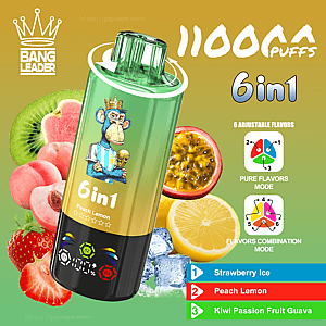 Dispositivo de vapeo desechable 6 en 1 de color verde a amarillo con el logotipo de un simio coronado, pantalla digital y el texto '11000 puffs', que se muestra entre melocotones, kiwi, maracuyá, limón, fresas y hielo, con etiquetas de sabor 'Strawberry Ice', 'Peach Lemon' y 'Kiwi Passion Fruit Guava'.