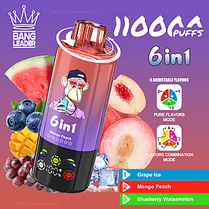 Imagen promocional de un vaporizador desechable de color púrpura metálico con la etiqueta '6en1 Mango Peach' con un simio de dibujos animados y el logo 'Bang Leader' de una corona, sobre un fondo rosa púrpura rodeado de melocotón, sandía, mango, arándanos, uvas y hielo, con un texto que dice '11000 inhalaciones', '6 sabores ajustables' y una lista de sabores que incluye hielo de uva, melocotón de mango y sandía con arándanos.