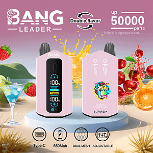 Two pink Bang Leader disposable vape devices—the front unit showing a vertical digital OLED power display and the rear unit featuring a colorful tiger logo—set on a pedestal against a pink background with splashing oranges, cherries and raspberries, 'Double flavor' arrows, 'up 50000 puffs' text, and icons for Type‑C, 650mAh, dual mesh and adjustable.