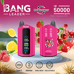 Two bright pink Bang Leader disposable vape devices — one showing a digital front display and the other a tiger logo on the back — surrounded by splashing fruits (lemon, raspberry, strawberry, cherry) with text advertising double flavor and up to 50,000 puffs and icons for Type‑C, 650mAh, dual mesh and adjustable.