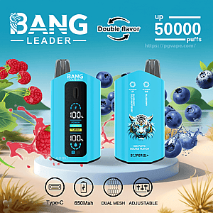 Two turquoise Bang Leader vape devices—one showing a digital front display with battery and “Turbo” indicators and the other featuring a tiger graphic—set against a blue background with raspberries and blueberries, advertising double flavor and up to 50,000 puffs with icons for Type-C, 650mAh, dual mesh and adjustable.