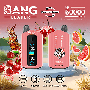 Two pink BANG LEADER disposable vape devices—one showing a digital display—surrounded by splashing cherries and grapefruit slices, with text indicating double flavor and up to 50,000 puffs and icons for Type-C, 650mAh, dual mesh and adjustable.