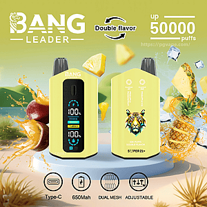 Two yellow Bang Leader vape devices—front unit with a digital display showing battery and turbo indicators, rear unit with a colorful tiger logo—set against splashing pineapple, fruit and ice, with text highlighting Double flavor, up to 50,000 puffs and icons for Type-C, 650mAh, dual mesh and adjustable.