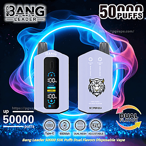 Promotional image of two lavender Bang Leader disposable vapes—front view with a vertical digital display showing 100% battery and 'POWER TURBO' indicators, and rear view featuring a tiger logo and '50K PUFFS DOUBLE FLAVOR' text—set against neon blue and pink smoke rings with prominent '50,000 PUFFS' text and feature icons (Type‑C, 650mAh, dual mesh, adjustable, dual flavor) along the bottom.