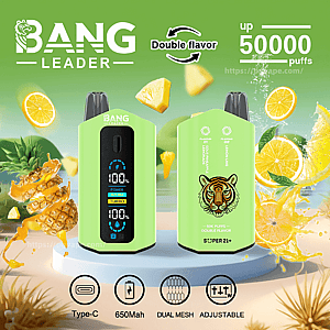 Green Bang Leader disposable vape device shown front and back on a green background with a digital display and tiger logo, surrounded by pineapple and lemon slices and text calling out Double flavor, up 50,000 puffs, and icons for Type-C, 650mAh, dual mesh and adjustable.