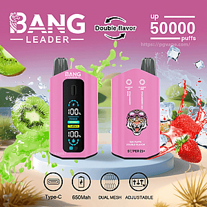 Bright pink Bang Leader double-flavor disposable vape device shown front and back with a digital display and tiger logo, strawberry and kiwi splashes in the background, 'up 50000 puffs' text and icons for Type-C, 650mAh, dual mesh and adjustable.