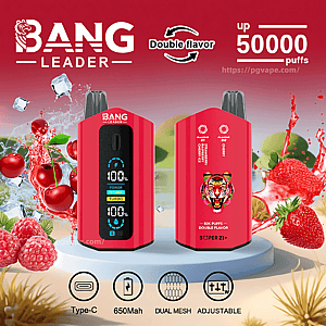 Two red Bang Leader vape devices shown front and back—one with a digital display, the other with a tiger logo—set amid splashing strawberries, cherries and raspberries with text advertising double flavor and up to 50,000 puffs and icons for Type-C, 650mAh, dual mesh and adjustable.