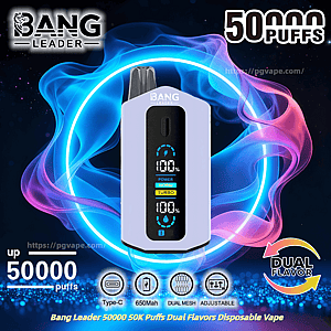 Promotional image of a Bang Leader disposable vape showing a light purple device with a black digital display reading 100% and mode icons, set against neon blue and pink smoke with text callouts for 50,000 puffs, Type-C charging, 650mAh battery, dual mesh, adjustable settings and dual-flavor capability.
