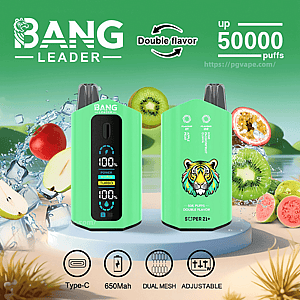 Two mint-green Bang Leader disposable vape devices — the front device shows a digital battery and power display while the back device has a colorful tiger logo and '50K puffs double flavor' text — displayed on a platform with sliced kiwi, apple, passionfruit and splashing ice and overlay text 'Double flavor' and 'up 50000 puffs' plus small icons for Type-C, 650mAh, dual mesh and adjustable.