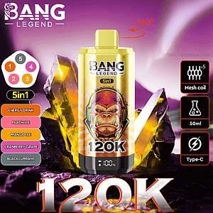 Gold-yellow Bang Legend 120K cylindrical vape device labeled 5in1, shown with a flavor list (Energy Drink, Peach Ice, Mango Ice, Cranberry Grape, Blackcurrant) set before purple crystals and icons for mesh coil x5, 50ml capacity, Type-C charging, and a 360° rotation arrow.