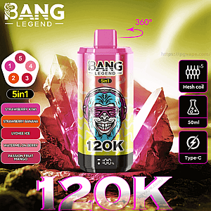 Vibrant promotional image showing a pink-and-yellow BANG LEGEND 5in1 disposable vape device labeled 120K with a digital battery readout, a listed flavor selection (Strawberry Kiwi, Strawberry Banana, Lychee Ice, Watermelon Berry, Passion Fruit Mango), icons for 5x mesh coil, 50ml capacity and Type-C charging, and a crystalline rock background with large pink '120K' text.