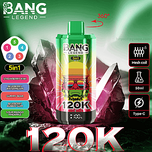 Colorful advertisement showing a green-to-pink Bang Legend disposable vape device labeled 5in1 and 120K centered among crystals, with a left column listing five flavors (Strawberry Kiwi, Blueberry Watermelon, Gummy Bear, Blueberry Bubble Gum, Sour Mango Pineapple), a 360° arrow above the device, and right-side icons indicating mesh coil x5, 50ml capacity, and Type-C charging.