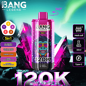 Bright magenta Bang Legend disposable vape with a neon cartoon monkey, labeled 120K and 5in1, set against glowing purple crystals with a sidebar listing five flavors and icons for mesh coils, 50ml capacity, Type‑C and a 360° arrow.