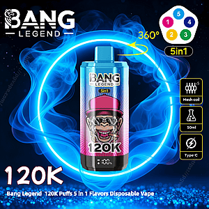 Disposable vape device labeled BANG LEGEND and 120K featuring a stylized monkey with a pink hat and sunglasses, centered inside a glowing blue smoke ring and accompanied by icons for 5-in-1 flavors, mesh coil, 50ml capacity, Type‑C charging and 360° rotation.