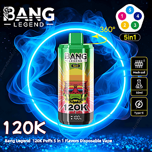 Green Bang Legend 120K disposable vape with a colorful bearded-man label and 120K puff display, centered inside a glowing blue smoke ring with icons showing 5-in-1 flavors, mesh coil, 50 ml capacity and Type-C charging.