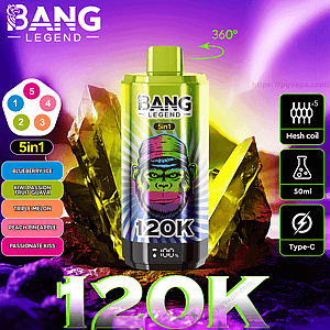 Vibrant promotional image of a metallic green Bang Legend disposable vape can labeled 5in1 and 120K set against purple and yellow crystal-like rocks, with a left-side list of five flavors (Blueberry Ice; Kiwi Passion Fruit Guava; Triple Melon; Peach Pineapple; Passionate Kiss), right-side icons indicating mesh coil x5, 50ml capacity and Type-C charging, a 360° arrow near the top, and a small digital puff counter at the base.