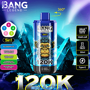 Blue Bang Legend 120K disposable vape device with gorilla graphic, labeled 5in1 and 120K, shown with a flavor list (Blueberry Ice, Watermelon Bubble Gum, Sour Apple Raspberry, Asparagus Mango Melon, Passion Fruit Kiwi Lime) and icons for mesh coil, 50ml capacity and Type‑C charging against an icy blue crystal background.