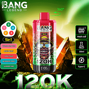 Bright red-and-green Bang Legend 120K vape device with a stylized gorilla face on the label, shown against glowing crystal-like rocks and marked 5-in-1 flavors (watermelon ice, mixed berry, apple pear, blueberry mint, summer time), mesh coil x5, 50ml capacity, Type-C charging and a 360° rotation arrow.
