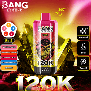 Bright pink Bang Legend 120K vape device with a snarling gorilla logo and 5-in-1 badge centered on a yellow-pink crystalline background, flanked by a panel listing five flavors (Watermelon Ice, Strawberry Mango, California Cherry, Blueberry Peach Ice, Berry Ice) and icons for mesh coil x5, 50ml capacity, Type-C charging and a 360° rotation arrow.