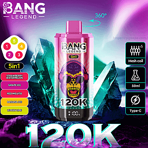 Vibrant promotional poster of a pink BANG LEGEND 5‑in‑1 vape device with a purple monkey wearing sunglasses and a bold “120K” label, set before teal crystal formations on a purple background, with a left column listing five flavors (Strawberry Watermelon, Grape Ice, Red Mojito, Banana Ice, Lemon Lime) and right-side icons for mesh coils, 50ml capacity, Type‑C charging, and a 360° symbol.