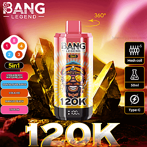 Colorful pink-and-gold Bang Legend 5-in-1 vape canister with prominent 120K label, surrounded by flavor buttons (Strawberry Watermelon, Cantaloupe Apple, Cola Ice, Mango Peach, Love 66) and icons denoting mesh coils, 50ml capacity and Type-C charging, set against a glowing golden crystal background.