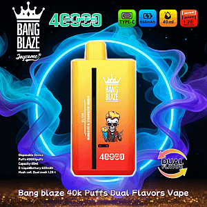 Vibrant advertisement featuring a yellow-to-red gradient Bang Blaze disposable vape with crown logo centered inside a glowing blue and purple smoke ring, accompanied by icons and labels for Type-C charging, 650mAh battery, 40ml e-liquid, 1.2Ω mesh coil, 'Dual Flavor' and '40k puffs'.