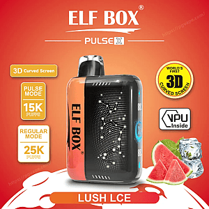 オレンジと黒の ELF BOX Pulse X 使い捨て電子タバコは、ドット 3D 曲面スクリーンと ELF BOX ブランドを備え、パルス モード 15,000 パフ、レギュラー モード 25,000 パフ、世界初の 3D 曲面スクリーンと内部 VPU のバッジで囲まれ、オレンジ色の背景にスイカのスライス、アイス キューブ、およびフレーバー ラベル LUSH LCE が表示されます。