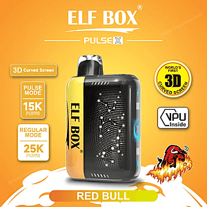 ELF BOX Pulse X 使い捨て電子タバコは、前面に点線の星座スタイルの LED が付いている黒と黄色で、オレンジ色の背景に 3D 曲面スクリーン、パルス モード 15,000 パフ、レギュラー モード 25,000 パフ、VPU 内部、および Red Bull のラベルが付いた燃えるようなレッド ブル グラフィックのバッジが表示されています。.
