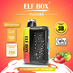 ELF BOX Pulse X コンパクトな長方形の電子タバコ デバイス。照明付きの点線の前面と「ELF BOX」とラベル付けされた黄色からピンク色の側面があり、オレンジ色のグラデーションの背景に 3D 曲面スクリーン、パルス モード 15K/レギュラー モード 25K パフ、VPU バッジ、およびストロベリー バナナの風味を示すイチゴとバナナのアイコンが表示されます。.