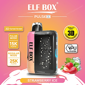 ストロベリーアイスとラベル付けされた点線の 3D 曲面スクリーンを備えたピンクと黒の ELF BOX Pulse X 使い捨て電子タバコのプロモーション画像。3D 曲面スクリーン、パルスモード 15K パフ、レギュラーモード 25K パフ、VPU 内部、およびピンクのグラデーションの背景に氷の入ったイチゴのアイコンで囲まれています。.