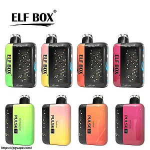 2 列に配置されたネオン グリーン、イエロー ピンク、オレンジ、マゼンタのグラデーションの 8 台のコンパクトな長方形の Pulse X VAPE デバイスの上の左上に ELF BOX ロゴがあり、それぞれ星座のような LED パターン、側面のブランド、上部のマウスピースを備えた黒いフロント パネルが示されています。.