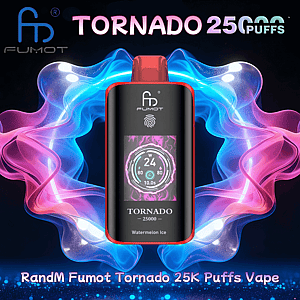 Centered black-and-red Fumot Tornado disposable vape with a small colorful circular display showing '24 W' and model text 'Tornado 25000 Watermelon Ice', surrounded by swirling neon blue and pink smoke on a dark background with large 'TORNADO 25 PUFFS' text at the top.