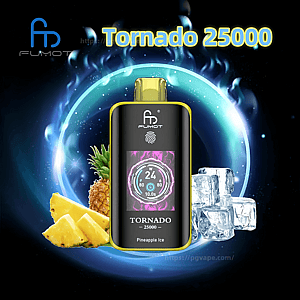 Black-and-yellow Fumot Tornado 25000 vape device with a colorful digital display and 'Pineapple Ice' label centered inside a glowing blue ring, pictured with pineapple slices to the left and ice cubes to the right.