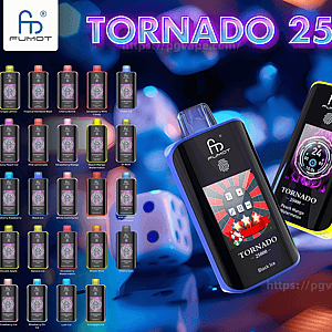 Fumot Tornado 25000 vape advertisement featuring two colorful devices with visible 1.77-inch TFT screens, a grid of flavor variants at left, icons listing features (dual mesh coil, 700 mAh battery, 25,000 puffs, game mode, touch switch) and a neon bokeh background with a dice.