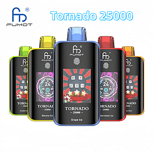 Row of six colorful Fumot Tornado 25000 disposable vape devices with a blue-centered unit labeled Grape Ice, flanked by yellow, green, red and orange variants, plus the Fumot logo at top left and the text Tornado 25000 above.