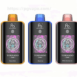 Seven Fumot Tornado 25000 disposable vape devices lined up, each with a black front panel, Fumot logo and round digital gauge reading '24', and colored trim with a matching translucent mouthpiece indicating flavors left to right: Miami Mint (orange/gold), Black Ice (blue), White Gummy Ice (rose), Watermelon Ice (red), Double Apple (green), Banana Ice (yellow) and Strawberry Watermelon (pink).