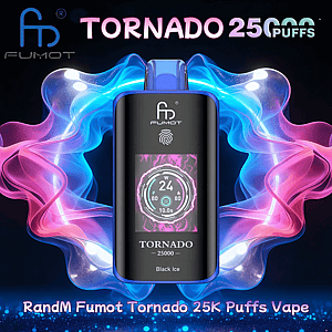 Sleek black Fumot Tornado disposable vape with a central color display reading '24' and labeled 'Tornado 25000 Black Ice', centered against vibrant blue and pink swirling vapor and product text advertising 25K puffs.