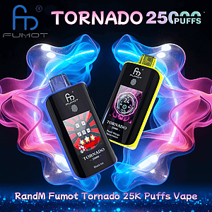 Two Fumot Tornado disposable vape devices—one black and one with yellow trim—displayed against swirling neon pink and blue smoke with prominent Tornado 25K puffs branding.