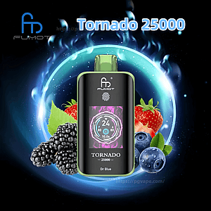 Front-facing black vape device with green trim and mouthpiece labeled Fumot Tornado 25000, showing a colorful digital display, set against a glowing blue circular energy background and surrounded by strawberries, blackberries and blueberries, with the product name and logo visible.