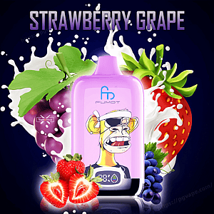 ピンクの Fumot 電子タバコ デバイスの前面に猿の漫画が描かれ、見出しの下にイチゴ、紫色のブドウ、白いミルクのしぶきが描かれています。