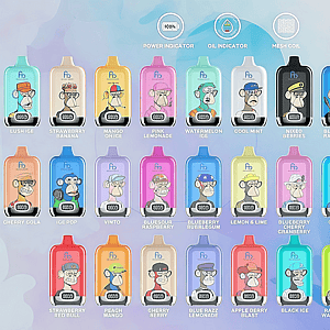 柔らかいパステル調の背景に明るい色の使い捨てベイプポッドのグリッドがあり、各ポッドには様式化された漫画の猿のポートレートと、ラッシュアイス、ストロベリーバナナ、ブルーベリーラズベリー、チェリーコーラ、ピーチマンゴーなどのフレーバー名が印刷されています。.
