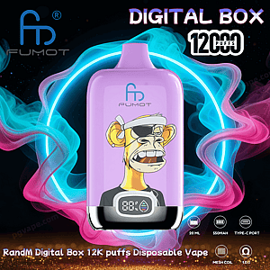 紫色の長方形の使い捨て電子タバコ デバイス。前面に Fumot のロゴと、サングラスとバンダナを身に着けた漫画の黄色い猿が描かれています。下部には小さなデジタル バッテリー ディスプレイがあり、ネオン ティールとピンクのスモーク リングの背景に、「デジタル ボックス 12000 PUFFS」と書かれた太字のテキストが表示されます。.