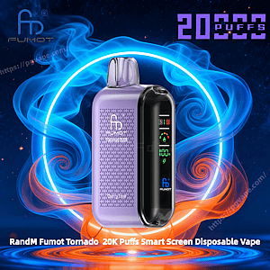 Purple RandM Fumot Tornado disposable vape with a black smart screen showing battery and puff icons centered against a glowing blue and orange swirling smoke ring and starry background, with large purple "20K PUFFS" text in the top right.