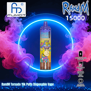 Cylindrical RandM Tornado 15,000‑puff disposable vape with a colorful cartoon monkey illustration centered inside a glowing blue neon ring against a dark background with swirling pink and purple vapor, FUMOT logo at top left and feature icons (rechargeable 850mAh, 25ml reservoir, USB‑C, adjustable airflow) along the right side.