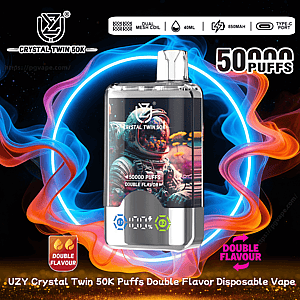 Shiny rectangular Crystal Twin 50K disposable vape with an astronaut graphic and digital display centered against a neon blue and orange smoky ring, surrounded by icons and text advertising 50,000 puffs, double flavour, 40ml capacity, dual mesh coil, 850mAh battery and Type‑C port.